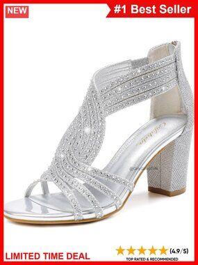Rhinestone Chunky Block Heel Sandals Open Toe Wedding Party Heels